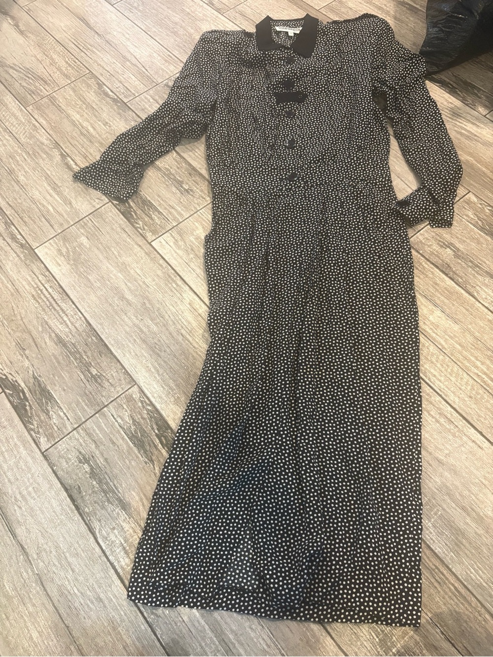 Black Polka Dot Long Sleeve Midi Dress with Contrast Collar Vintage Joan Martin